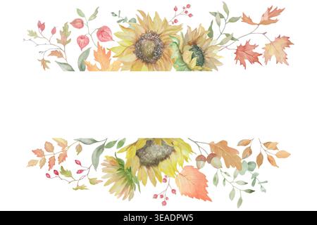 Cornice floreale autunnale acquerello con girasoli, foglie d'acero, ghiande. Confine botanico autunnale per il Ringraziamento, il festival del raccolto, il matrimonio. EPS vettoriale. Illustrazione Vettoriale