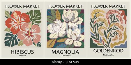 Poster retrò del mercato dei fiori allestiti con fiori di stato Illustrazione Vettoriale