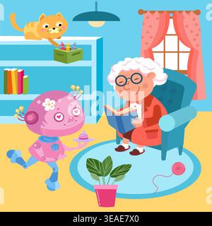 Una ragazza robot rosa carina serve il tè alla nonna leggendo un libro in una camera accogliente. Il cordiale assistente android aiuta la donna anziana negli interni di casa con il gatto e. Illustrazione Vettoriale