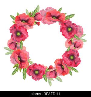 Papaveri acquerelli. Cornice rotonda isolata con vivaci fiori rossi. Corona dipinta a mano di fiori selvatici freschi per inviti, biglietti e stampe. Foto Stock