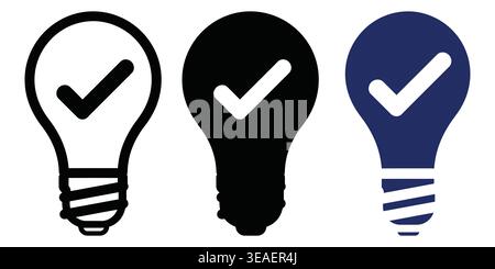 Visualizzazione creativa di idee o concetti approvati utilizzando icone a lampadina con segni di spunta icone di selezione vettoriale Illustrazione Vettoriale