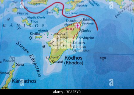 Mappa dettagliata dell'isola di Rodi in Grecia Foto Stock