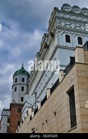 Facciata dell'edificio di architettura storica con i lavoratori ad accesso a corda che puliscono e restaurano la torre ornata sotto il cielo nuvoloso - Szczecin. Foto Stock