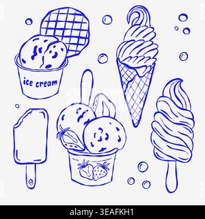 Il disegno della linea blu mostra gelati assortiti. Include coni, tazze e bastoncini con rombi e guarnizioni. Lo stile artistico è giocoso e disegnato a mano. Per Illustrazione Vettoriale