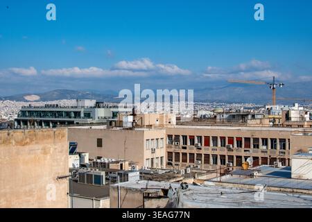 Ampia veduta panoramica della città di Atene dal tetto dell'hotel Athens Key, Grecia Foto Stock