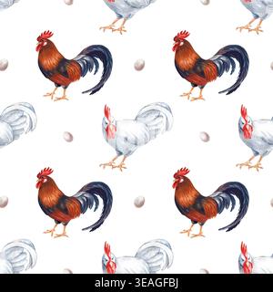Acquerello fatto a mano con motivo senza cuciture raffigurante pollame da fattoria, galli marroni e bianchi. Il design è completato da piccole uova su un bianco puro Foto Stock