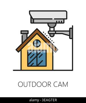 Icona o pittogramma della linea dei colori della videocamera per esterni per la sicurezza domestica. Tecnologia di protezione della casa icona vettoriale lineart, segnale di servizio di sicurezza. Simbolo della società di sicurezza con telecamera di sorveglianza e casa di villetta Illustrazione Vettoriale