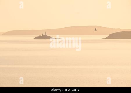 La spiaggia di St Ives, con il suo faro che si staglia contro un cielo tramonto dorato sul mare calmo della Cornovaglia, Inghilterra, Regno Unito, con una mosca di uccelli marini Foto Stock