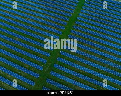 Veduta aerea dei pannelli solari disposti in righe ordinate attraverso un campo verde Indianapolis, Indiana, Stati Uniti. Foto Stock