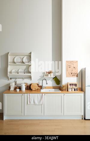 Una cucina moderna con armadi bianchi e ripiani in legno, con lavandino, utensili da cucina e un frigorifero in uno spazio ben illuminato, pulito e organizzato. Foto Stock