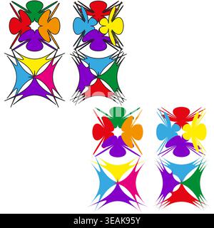 Questo vettore è costituito da motivi floreali e stellari astratti e colorati. Queste forme sono utili per progetti tessili creativi o digitali. EPS 10. Illustrazione Vettoriale