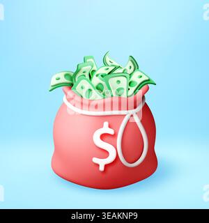 Sacca di denaro rossa 3D piena di banconote in dollari Illustrazione Vettoriale