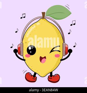 Illustrazione di carino divertente e dolce limone e cartoni animati Red Shoe che ascoltano musica felicemente tramite cuffie Illustrazione Vettoriale