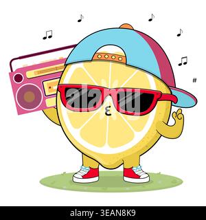 Illustrazione dei personaggi cartoni animati giallo alla frutta del limone e simpatica Godetevi la musica sullo stereo portatile della radio Illustrazione Vettoriale