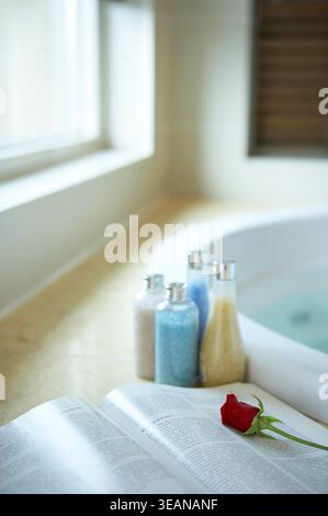 Una rosa rossa giace su un libro aperto su un banco del bagno, con vasca e doccia sullo sfondo. Foto Stock