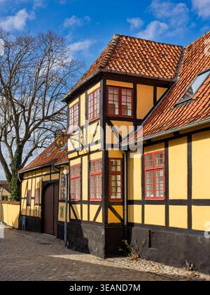 Vecchia casa in legno dipinta di giallo nella storica città di Faaborg, Funen, Danimarca Foto Stock