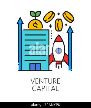 Capitale di rischio di investimento, icona o etichetta della linea di colore finanziaria. Icona vettore del fondo di investimento, firma della società commerciale. Pittogramma del capitale di investimento con razzo, monete cadenti e grattacieli Illustrazione Vettoriale