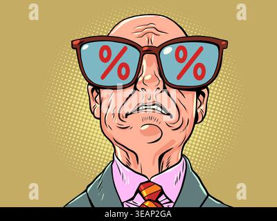 Un uomo triste e calvo. Simboli di sconto rossi. La paura di un venditore. Illustrazione Vettoriale