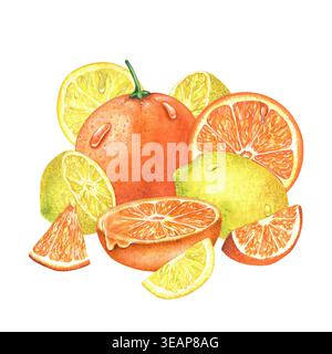 Acquerello agrumi: Arancio e limone, fette e metà. Isolato. Illustrazione dipinta a mano. Per design ed etichette di imballaggio, ricette culinarie e dri Foto Stock