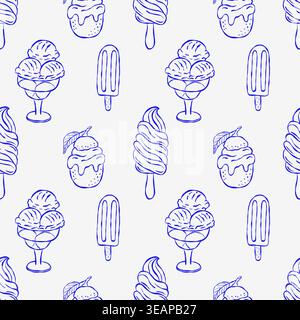 Icone di gelato disegnate a mano con contorno blu su sfondo chiaro. I modelli includono coni, pistole e sundaes. Il design si adatta all'estate, al dessert o al dolce Illustrazione Vettoriale