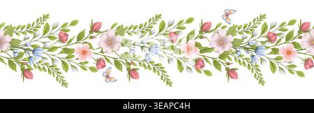 Un motivo senza cuciture caratterizzato da fiori rosa e blu, foglie verdi e farfalle realizzate in un delicato stile acquerello. Foto Stock