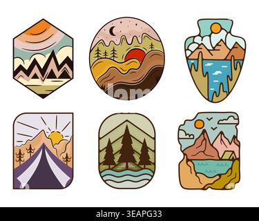 Sei distintivi decorativi con picchi di montagna stilizzati e scene di foresta selvaggia in un design vettoriale pulito. Illustrazione Vettoriale