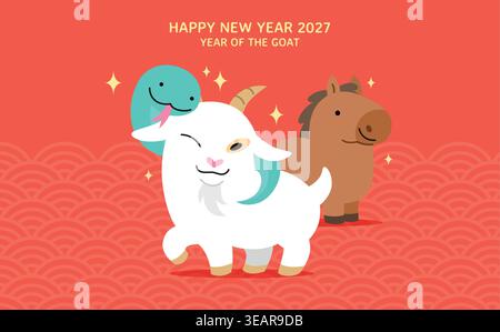 Felice Capodanno cinese della capra 2027 modello per banner in stile cartone animato. Capra zodiacale e altri animali zodiacali degli ultimi anni. Illustrazione Vettoriale