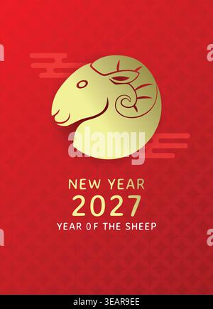 Profilo della testa di pecora o cilindro zodiacale con taglio di carta. Modello minimalista per il nuovo anno delle pecore 2027 in oro e rosso. Illustrazione Vettoriale