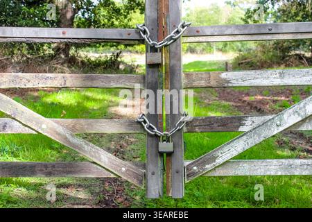Un cancello in legno è chiuso a chiave con catene in metallo pesante e due lucchetti, che fissano un percorso che conduce in un campo lussureggiante, verde, illuminato dal sole o in una foresta. Foto Stock