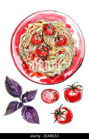 Verdure ed erbe aromatiche in acquerello. Disegnare il cibo. Poster della cucina. Pasta con pomodori, erbe, pomodori ciliegini, basilico, piselli Foto Stock