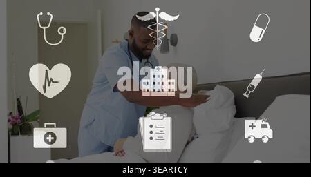 Operatore sanitario inclinato in scrub azzurro che posiziona la mano su un paziente anziano al posto letto, con stetoscopio. Infermiere, anziani, assistenza domiciliare, letto, pianta, fiori, com Foto Stock