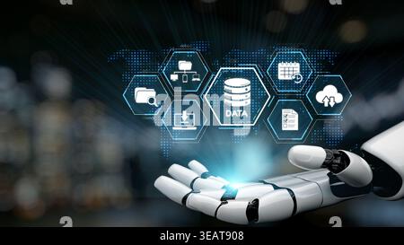 Un'elegante mano robotica mostra varie icone di dati digitali sullo sfondo di una mappa globale, simboleggiando i progressi nella tecnologia e nella gestione dei dati Foto Stock