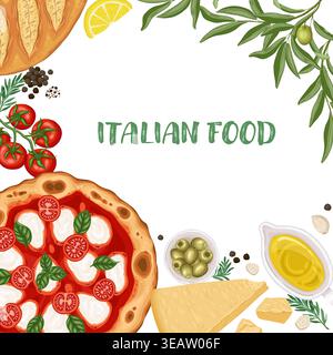 Carta gastronomica italiana di sfondo con pizza e olio d'oliva. Illustrazione del vettore quadrato disegnata a mano per il menu caffetteria e il modello del ristorante. Disegno di cartoni animati con parmigiano per la progettazione dell'imballaggio del prodotto. Illustrazione Vettoriale