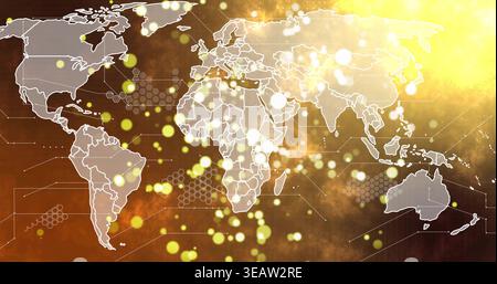 Visualizzazione di una mappa del mondo stilizzata attraverso una sfumatura calda, con cluster di mesh esadecimali e linee di connessione Foto Stock