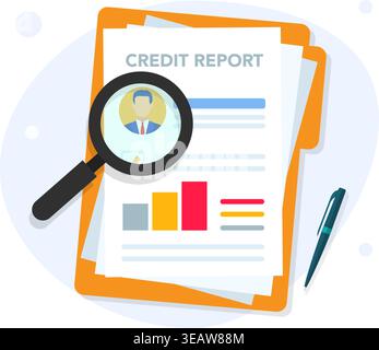 Vettore piatto di documenti di report di credito con lente d'ingrandimento e grafici, che rappresentano revisione finanziaria, controllo dell'identità e analisi dei dati. Illustrazione Vettoriale