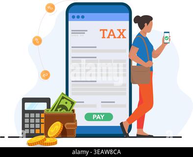 Vettore piatto di una donna che utilizza un'app mobile per pagare le tasse, con un modulo digitale, una calcolatrice e un portafoglio. Illustrazione stock. Illustrazione Vettoriale