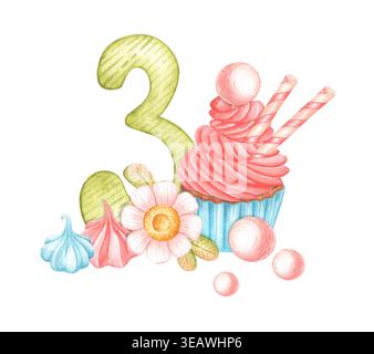 Verde numero tre con cupcake, caramelle, fiori ed elementi decorativi. Isolato dallo sfondo. Illustrazione ad acquerello disegnata a mano per il compleanno Foto Stock