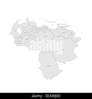 Mappa politica venezuelana delle divisioni amministrative - stati, distretto della capitale e dipendenze federali. Mappa grigia con contorno nero sottile ed etichette. Illustrazione Vettoriale