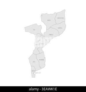 Mappa politica del Mozambico delle divisioni amministrative - province e capitale di Maputo. Mappa grigia con contorno nero sottile ed etichette. Illustrazione Vettoriale