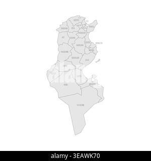 Tunisia mappa politica delle divisioni amministrative - governatorati. Mappa grigia con contorno nero sottile ed etichette. Illustrazione Vettoriale