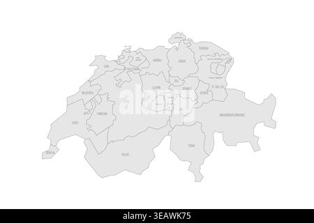Svizzera carta politica delle divisioni amministrative - Cantoni. Mappa grigia con contorno nero sottile ed etichette. Illustrazione Vettoriale