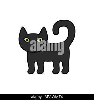 Simpatica icona nera di un gatto in un semplice stile cartoni animati minimalista con occhi verdi brillanti. Design pulito e piatto con un contorno audace, perfetto per adesivi, icone, bambini des Illustrazione Vettoriale