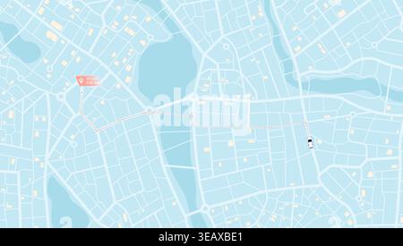 Mappa di navigazione dell'auto. Pianificazione del percorso con marcatore di destinazione ed ETA. Sistema di tracciamento GPS per navigare in città. Mappa della città con l'icona dell'auto in programma Illustrazione Vettoriale