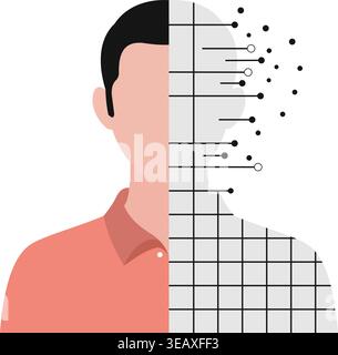 Illustrazione concettuale dell'integrazione umana e digitale che mostra una faccia divisa con nodi di dati e griglia che rappresenta l'intelligenza artificiale e la tecnologia Illustrazione Vettoriale