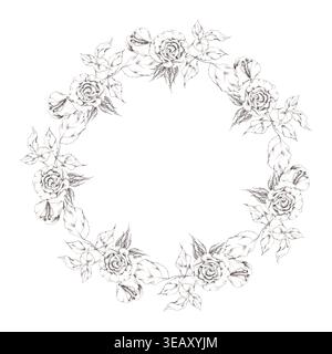 Romantici fiori di rosa, fiori di gardenia e foglie con delicati contorni a matita disegnati a mano. Elemento con corona floreale per gli inviti di San Valentino Foto Stock