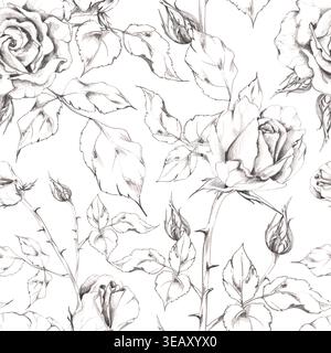Fiori di rosa vintage, gemme, foglie su steli dritti con spine, punte. Illustrazione del modello senza cuciture disegnata a mano con disegno a matita sottile per Foto Stock