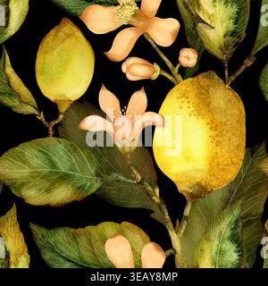 Limoni, fiori e foglie senza cuciture. Illustrazione ad acquerello disegnata a mano isolata su sfondo nero. Perfetto per cartoline stampate, Calen Foto Stock
