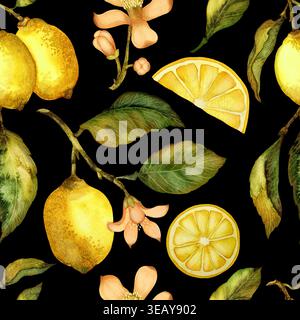 Motivo senza cuciture di rametti di limoni, fiori e foglie. Illustrazione ad acquerello disegnata a mano isolata su sfondo nero. Perfetto per cartoline stampate, Foto Stock
