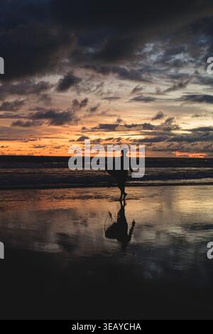 Profilo surfista che cammina sulla spiaggia con bordo al tramonto, Canggu, Bali Foto Stock