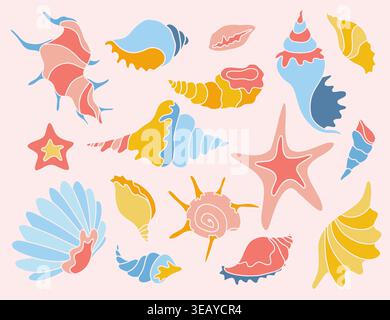 Set vettoriale di conchiglie di mare retrò Pop Art Illustrazione Vettoriale